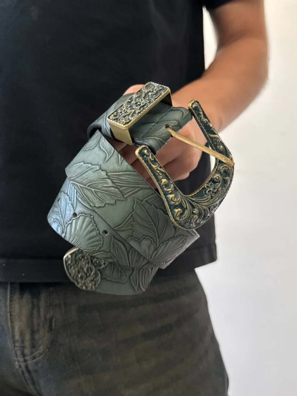 Sage Green Tooled Embossed Western Belt